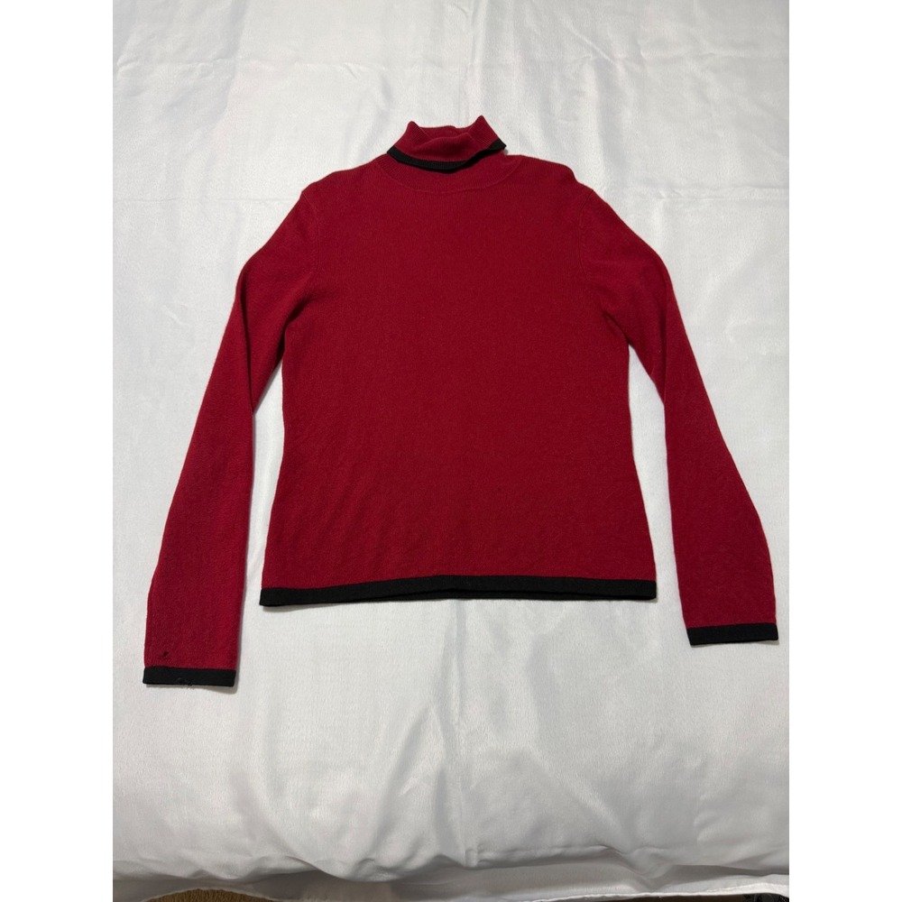 Madison Studio Red 100% Cashmere Turtleneck Sweater Black Trim Womens M - flaws